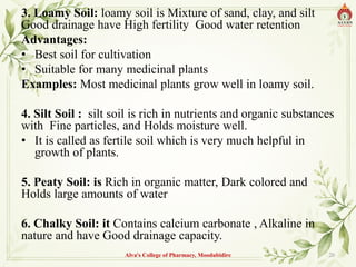 3. Loamy Soil: loamy soil is Mixture of sand, clay, and silt
Good drainage have High fertility Good water retention
Advantages:
• Best soil for cultivation
• Suitable for many medicinal plants
Examples: Most medicinal plants grow well in loamy soil.
4. Silt Soil : silt soil is rich in nutrients and organic substances
with Fine particles, and Holds moisture well.
• It is called as fertile soil which is very much helpful in
growth of plants.
5. Peaty Soil: is Rich in organic matter, Dark colored and
Holds large amounts of water
6. Chalky Soil: it Contains calcium carbonate , Alkaline in
nature and have Good drainage capacity.
Alva's College of Pharmacy, Moodubidire 20
 