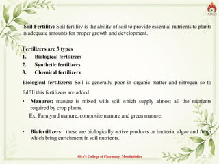 Soil Fertility: Soil fertility is the ability of soil to provide essential nutrients to plants
in adequate amounts for proper growth and development.
Fertilizers are 3 types
1. Biological fertilizers
2. Synthetic fertilizers
3. Chemical fertilizers
Biological fertilizers: Soil is generally poor in organic matter and nitrogen so to
fulfill this fertilizers are added
• Manures: manure is mixed with soil which supply almost all the nutrients
required by crop plants.
Ex: Farmyard manure, composite manure and green manure.
• Biofertilizers: these are biologically active products or bacteria, algae and fungi
which bring enrichment in soil nutrients.
Alva's College of Pharmacy, Moodubidire 22
 