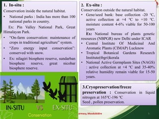 Alva's College of Pharmacy, Moodubidire 5
1. In-situ :
Conservation inside the natural habitat.
• National parks : India has more than 100
national parks in country.
Ex: Pin Valley National Park, Great
Himalayan Park.
• “On-farm conservation: maintenance of
crops in traditional agriculture” system.
• “Zero energy input conservation”:
conserved with snow.
• Ex: nilagiri biosphere reserve, sundarban
biosphere reserve, great nicobar
biosphere reserve.
2. Ex-situ :
Conservation outside the natural habitat.
• Gene/seed bank: base collection -20 ℃,
active collection at +4 ℃ to +10 ℃.
moisture content 4-6% viable for 50-100
years
Ex: National bureau of plants genetic
resources (NBPGR) new Delhi under ICAR
• Central Institute Of Medicinal And
Aromatic Plants (CIMAP) Lucknow
• Tropical Botanical Gardens Research
Institute(tbgri)kerala
• National Active Germplasm Sites (NAGS)
: active collection at +4 ℃ and 35-40%
relative humidity remain viable for 15-50
years.
3.Cryopreservation/freeze
preservation : Conservation in liquid
nitrogen at 165℃-196 ℃
Seed , pollen preservation.
 