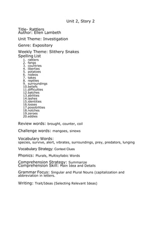 Unit 2, Story 2<br />Title- Rattlers<br />Author: Ellen Lambeth<br />Unit Theme: Investigation<br />Genre: Expository<br />Weekly Theme: Slithery Snakes<br />Spelling List<br />,[object Object]