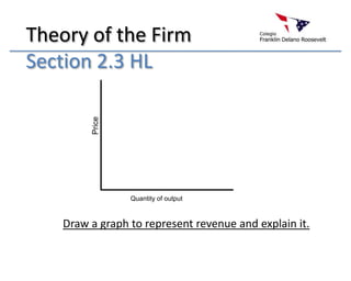 Theory of the Firm
Section 2.3 HL
         Price




                 Quantity of output



    Draw a graph to represent revenue and explain it.
 