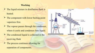 7
Working
 The liquid mixture in distillation flask is
heated.
 The component with lower boiling point
vaporizes first.
 The vapour passes through the condenser,
where it cools and condenses Into liquid.
 The condensed liquid is collected in the
receiving flask
 The process continues allowing for
separation of components.
 