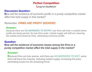 Perfect CompetitionProfit maximization: MR = MCShut-down scenario:MCPATC PC IndustryPC FirmP/CAVCSindustryATCLossAVCPeMR=D=AR=P1DindustryQfQQIf the supply in the industry increases or demand falls, or if the firm's costs increase, it may be in a situation where it would be better off shutting down.Why shut down?Because at every level of output, the firm's average variable cost is higher than its average revenue. This firm is not even earning enough revenue to pay its workers or pay for raw materials! The firm MUST SHUT DOWN!