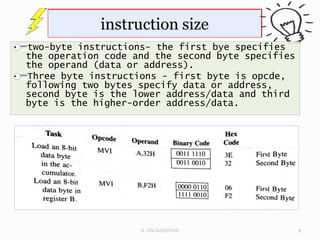 two-byte instructions- the first bye specifies
the operation code and the second byte specifies
the operand (data or address).
Three byte instructions - first byte is opcde,
following two bytes specify data or address,
second byte is the lower address/data and third
byte is the higher-order address/data.
7
N.RAJASEKHAR
 