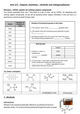 Unit 2.8 - Organic chemistry - alcohols and halogenoalkanes

Revision - IUPAC system for naming organic compounds
You should remember from unit 1 that there is a set of rules, set by IUPAC, for classifying and
naming organic compounds. As we will be studying further organic chemistry in this unit now is a
good time to remind yourself of those rules:


                 Number of
                                      Position of functional groups in the chain
     Prefix      Carbons in
                   chain
                                     1. The 'parent' chain is the ___________ possible chain
      meth-
                                     2. The carbon with the functional group attached is given
      eth-
                                       a ____________.
      prop-
                                     3. Numbering starts from the end of the chain that gives
                                       the carbon being considered the ____________ number.
      but-

      pent-
                                             Alkyl groups

      hex-
                                                                          methyl

      hept-
                                     1. Position in chain is               ethyl
                                       indicated by
       oct-
                                       ___________ possible               propyl
                                       number.
      dec-

                                     2. If more than 1 side chain is attached then the name
     dodec-
                                       of the compound includes the side groups in
                                       _________________ order, regardless of which
      eicos-                           carbon atom they are found on.



Try these examples:




                                                      4-methylpent-1-ene             E-hex-2-ene

1. Alcohols

Introduction
Ethanol is the compound generally referred to as alcohol and found in
alcoholic drinks. It is most commonly produced through the action of yeast
 