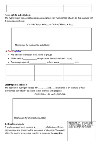 Nucleophilc substitution:
The hydrolysis of halogenoalkanes is an example of how nucleophiles ‘attack’, as this example with
1-iodopropane shows:
                          CH3CH2CH2I(l) + KOH(aq) → CH3CH2CH2OH(l) + KI(aq)




           Mechanism for nucleophilic substitution


b) Electrophiles
   •   Are attracted to electron ‘rich’ atoms or groups
   •   Either have a ____________ charge or are electron deficient (‘poor’)
   •   Can accept a pair of _______________ to form a new _____________ bond




Electrophilic addition
The addition of hydrogen halides (HF, ___, ___ and ___) to alkenes is an example of how
eletrophiles can ‘attack’, as shown in this example with propene:
                                  CH3CHCH2 + HBr → CH3CHBrCH3




          Mechanism for electrophilic addition

                                                                       Remember - Double and
3. Breaking bonds                                                      single-headed curly arrows
A single covalent bond contains a _________ of electrons. Bonds        show electron movement
can be made and broken by the movement of electrons. The way in
which the electrons move in a reaction is known as the reaction
 