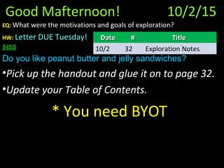 Good Mafternoon! 10/2/15
EQ: What were the motivations and goals of exploration?
HW: Letter DUE Tuesday!
SISS
Do you like peanut butter and jelly sandwiches?
•Pick up the handout and glue it on to page 32.
•Update your Table of Contents.
* You need BYOT
DateDate ## TitleTitle
10/2 32 Exploration Notes
 