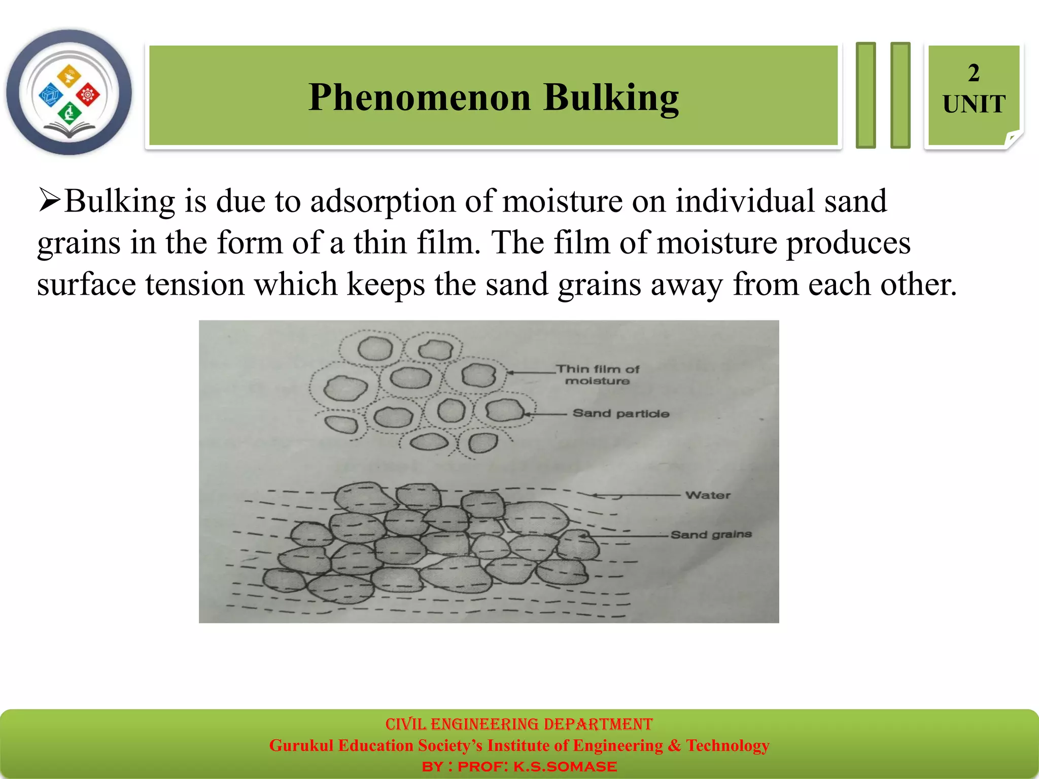 Phenomenon Bulking
2
UNIT
➢Bulking is due to adsorption of moisture on individual sand
grains in the form of a thin film. The film of moisture produces
surface tension which keeps the sand grains away from each other.
civil EnGinEErinG dEpartmEnt
Gurukul Education Society’s Institute of Engineering & Technology
by : prof: k.s.somase
 