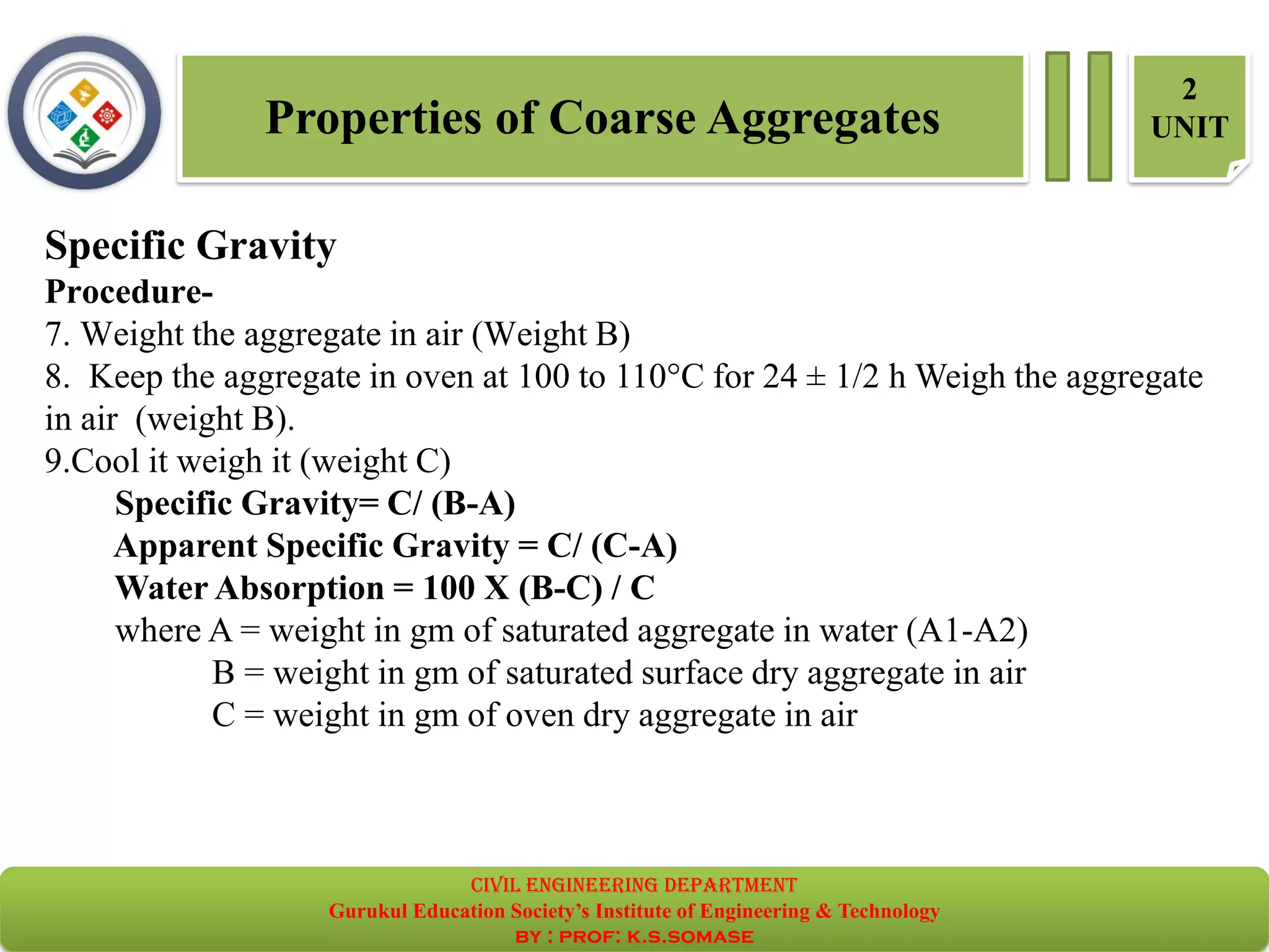 Properties of Coarse Aggregates
2
UNIT
Specific Gravity
Procedure-
7. Weight the aggregate in air (Weight B)
8. Keep the aggregate in oven at 100 to 110°C for 24 ± 1/2 h Weigh the aggregate
in air (weight B).
9.Cool it weigh it (weight C)
Specific Gravity= C/ (B-A)
Apparent Specific Gravity = C/ (C-A)
Water Absorption = 100 X (B-C) / C
where A = weight in gm of saturated aggregate in water (A1-A2)
B = weight in gm of saturated surface dry aggregate in air
C = weight in gm of oven dry aggregate in air
civil EnGinEErinG dEpartmEnt
Gurukul Education Society’s Institute of Engineering & Technology
by : prof: k.s.somase
 