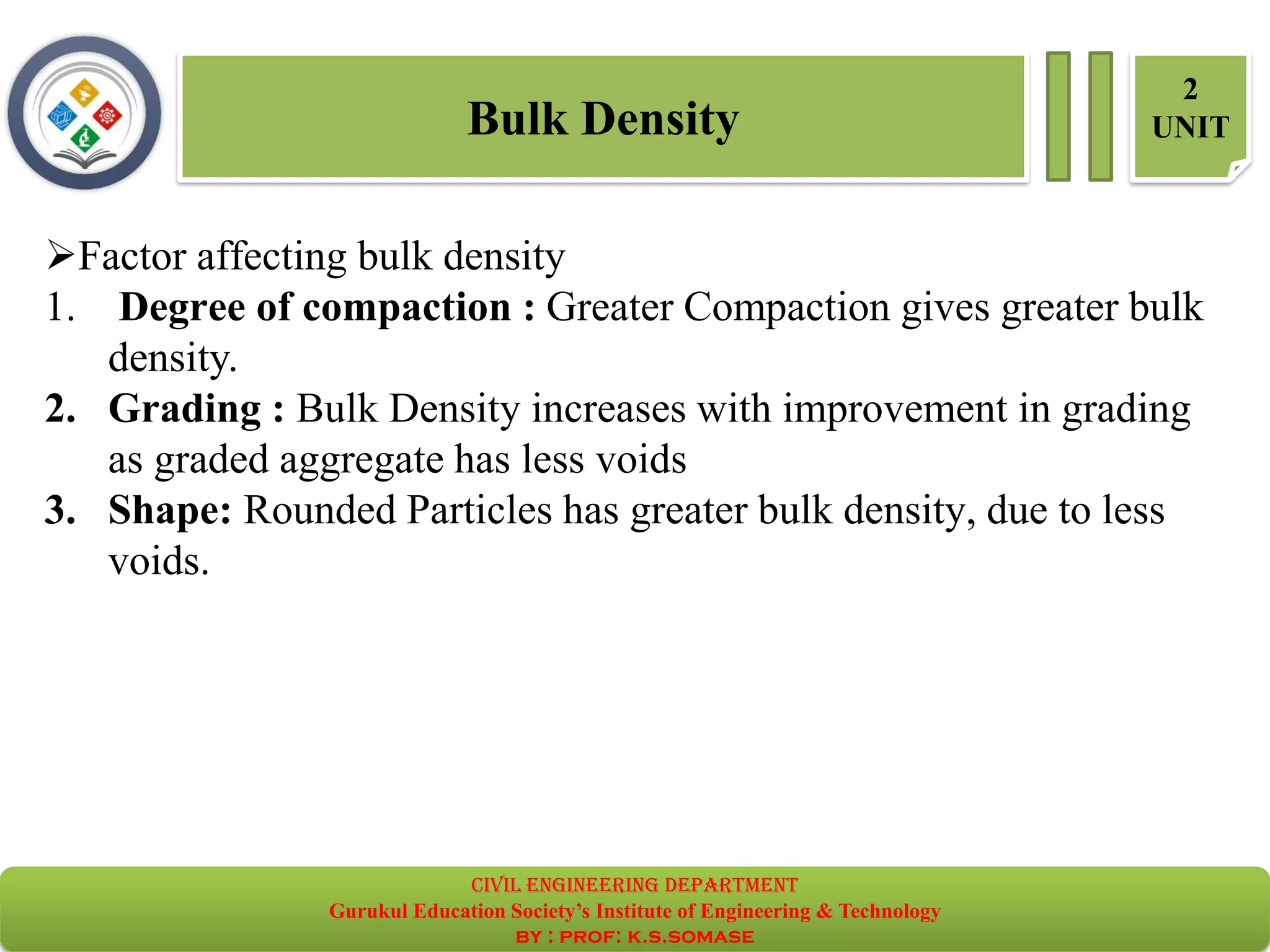 Bulk Density
2
UNIT
➢Factor affecting bulk density
1. Degree of compaction : Greater Compaction gives greater bulk
density.
2. Grading : Bulk Density increases with improvement in grading
as graded aggregate has less voids
3. Shape: Rounded Particles has greater bulk density, due to less
voids.
civil EnGinEErinG dEpartmEnt
Gurukul Education Society’s Institute of Engineering & Technology
by : prof: k.s.somase
 