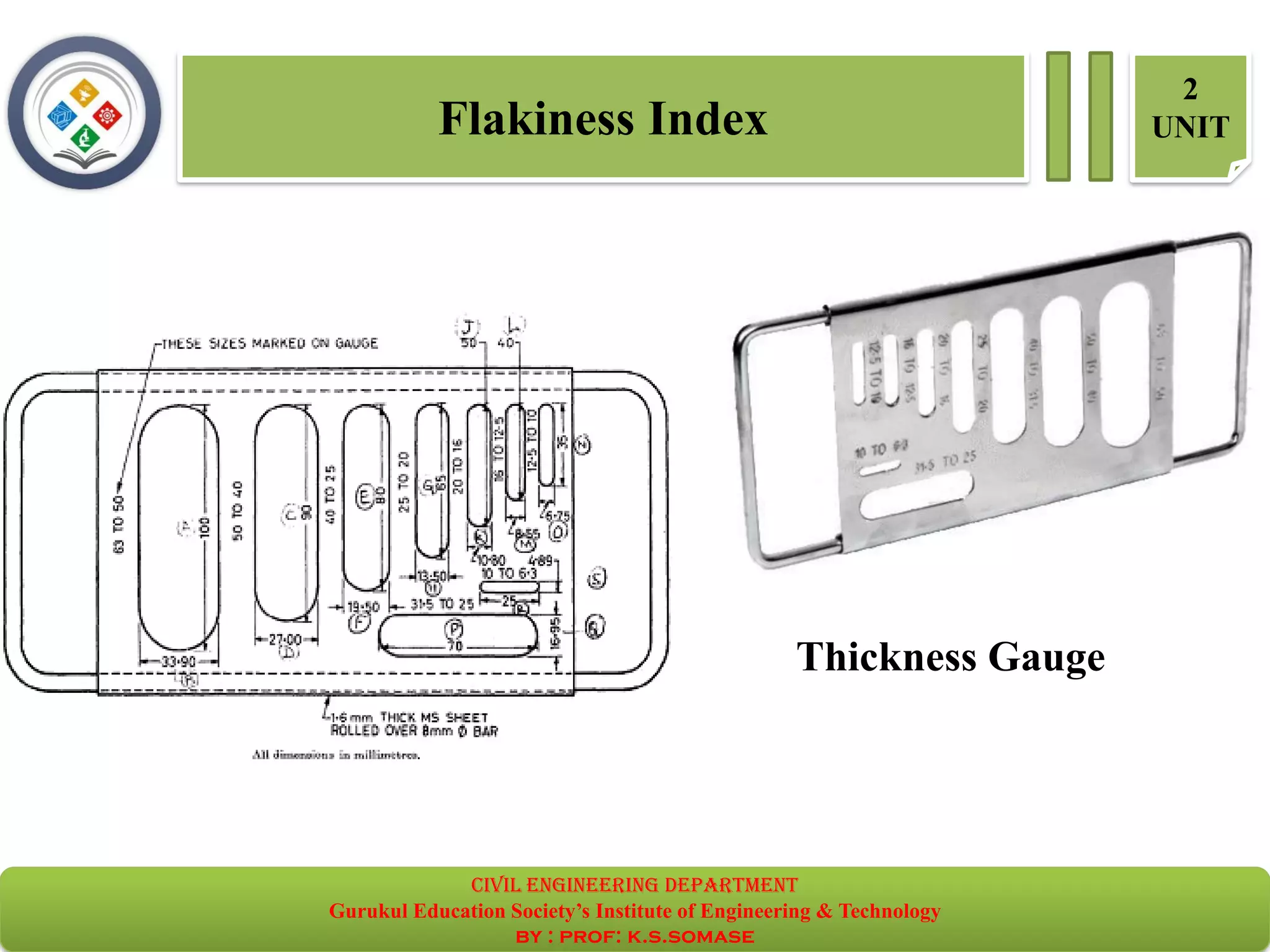 Flakiness Index
2
UNIT
Thickness Gauge
civil EnGinEErinG dEpartmEnt
Gurukul Education Society’s Institute of Engineering & Technology
by : prof: k.s.somase
 
