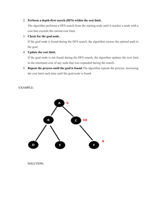 2. Perform a depth-first search (DFS) within the cost limit.
The algorithm performs a DFS search from the starting node until it reaches a node with a
cost that exceeds the current cost limit.
3. Check for the goal node.
If the goal node is found during the DFS search, the algorithm returns the optimal path to
the goal.
4. Update the cost limit.
If the goal node is not found during the DFS search, the algorithm updates the cost limit
to the minimum cost of any node that was expanded during the search.
5. Repeat the process until the goal is found.The algorithm repeats the process, increasing
the cost limit each time until the goal node is found.
EXAMPLE:
SOLUTION:
 