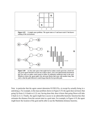 Note in particular that the agent cannot determine R ESULT(s, a) except by actually being in s
and doing a. For example, in the maze problem shown in Figure 4.19, the agent does not know that
going Up from (1,1) leads to (1,2); nor, having done that, does it know that going Down will take
it back to (1,1). Finally, the agent might have access to an admissible heuristic function h(s) that
estimates the distance from the current state to a goal state. For example, in Figure 4.19, the agent
might know the location of the goal and be able to use the Manhattan-distance heuristic.
 