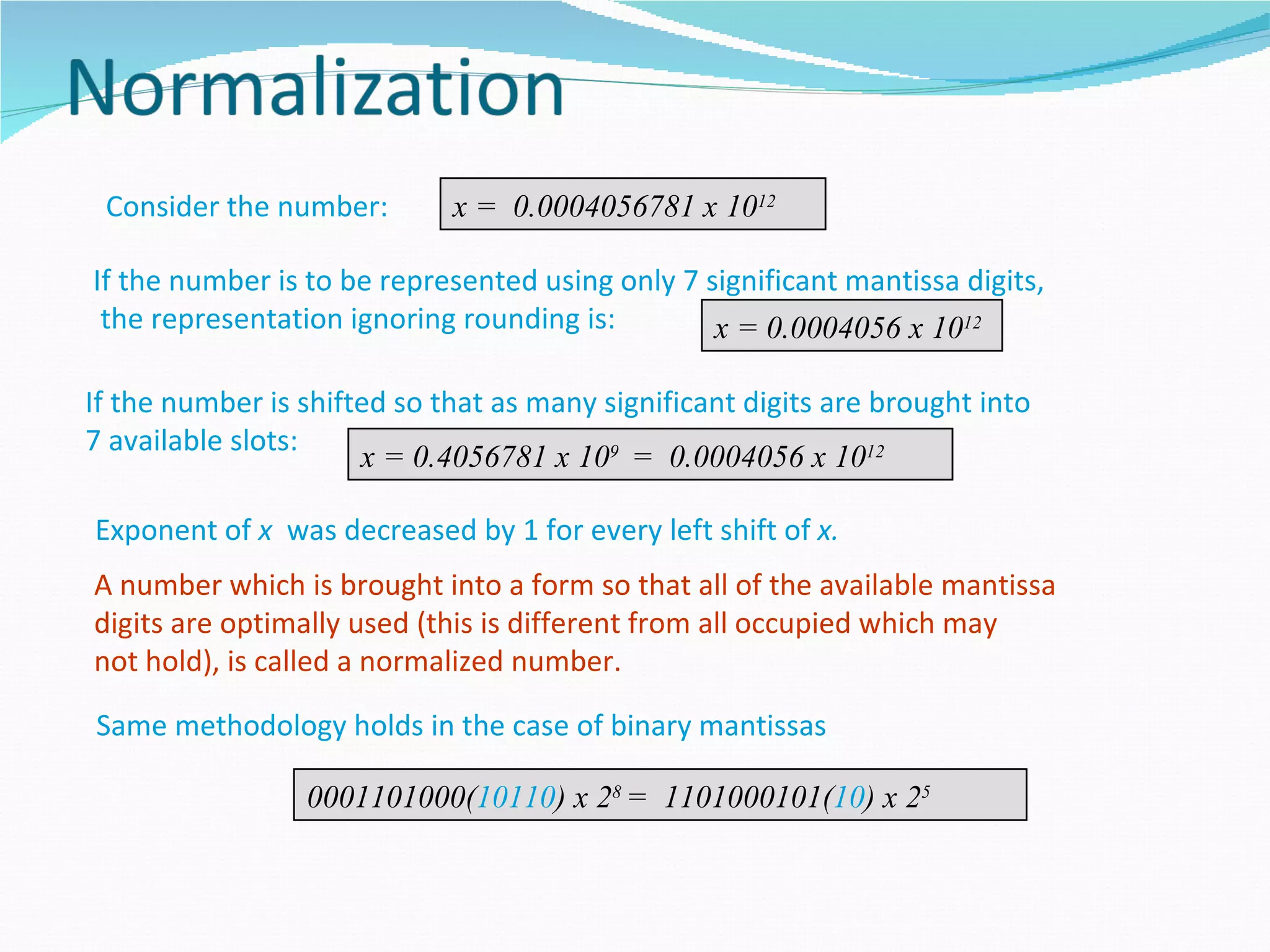 Consider the number:        x = 0.0004056781 x 1012

If the number is to be represented using only 7 significant mantissa digits,
 the representation ignoring rounding is:        x = 0.0004056 x 1012

If the number is shifted so that as many significant digits are brought into
7 available slots:
                      x = 0.4056781 x 109 = 0.0004056 x 1012

Exponent of x was decreased by 1 for every left shift of x.
A number which is brought into a form so that all of the available mantissa
digits are optimally used (this is different from all occupied which may
not hold), is called a normalized number.

Same methodology holds in the case of binary mantissas

                 0001101000(10110) x 28 = 1101000101(10) x 25
 