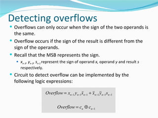 Detecting overflows
 Overflows can only occur when the sign of the two operands is
  the same.
 Overflow occurs if the sign of the result is different from the
  sign of the operands.
 Recall that the MSB represents the sign.
    xn-1, yn-1, sn-1 represent the sign of operand x, operand y and result s
     respectively.
 Circuit to detect overflow can be implemented by the
  following logic expressions:

                     Overflow = xn −1 yn −1sn −1 + xn −1 yn −1sn −1

                             Overflow = cn ⊕ cn −1
 