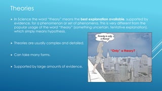 Theories
 In Science the word “theory” means the best explanation available, supported by
evidence, for a phenomenon or set of phenomena. This is very different from the
popular usage of the word “theory” (something uncertain, tentative explanation),
which simply means hypothesis.
 Theories are usually complex and detailed.
 Can take many forms.
 Supported by large amounts of evidence.
“Only” a theory?
 