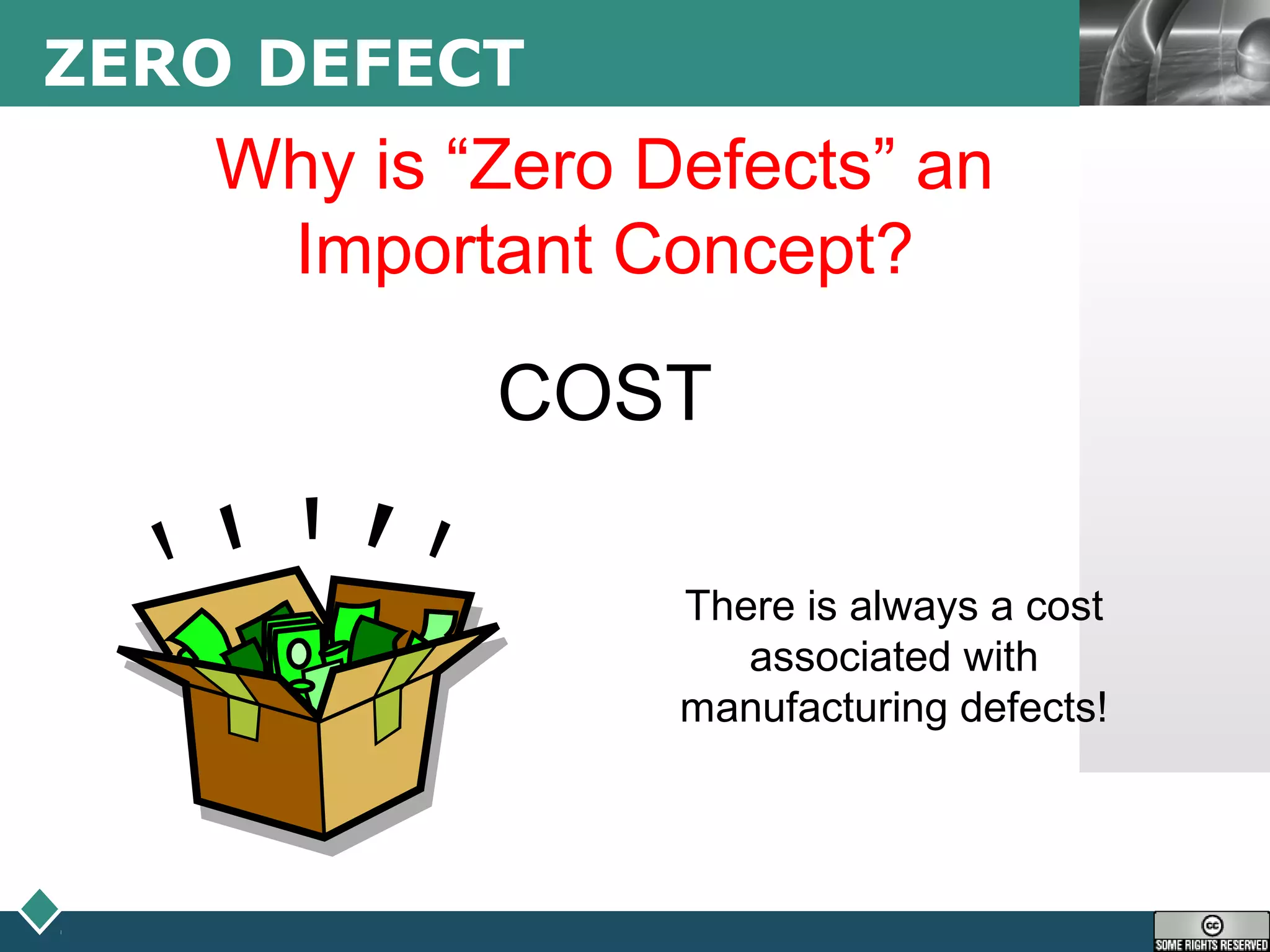 LOGOZERO DEFECT
Why is “Zero Defects” an
Important Concept?
COST
There is always a cost
associated with
manufacturing defects!
 