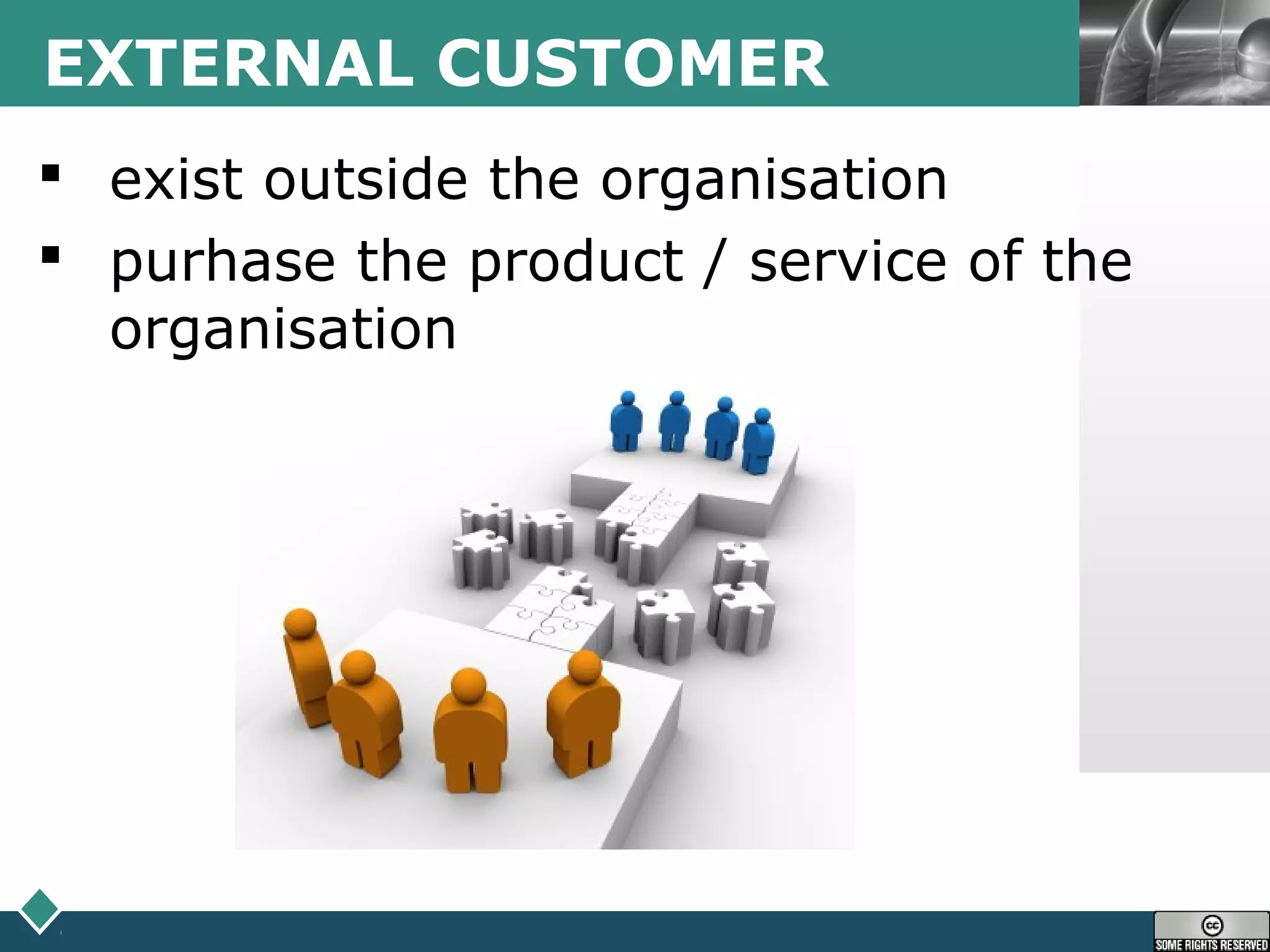LOGOEXTERNAL CUSTOMER
 exist outside the organisation
 purhase the product / service of the
organisation
 