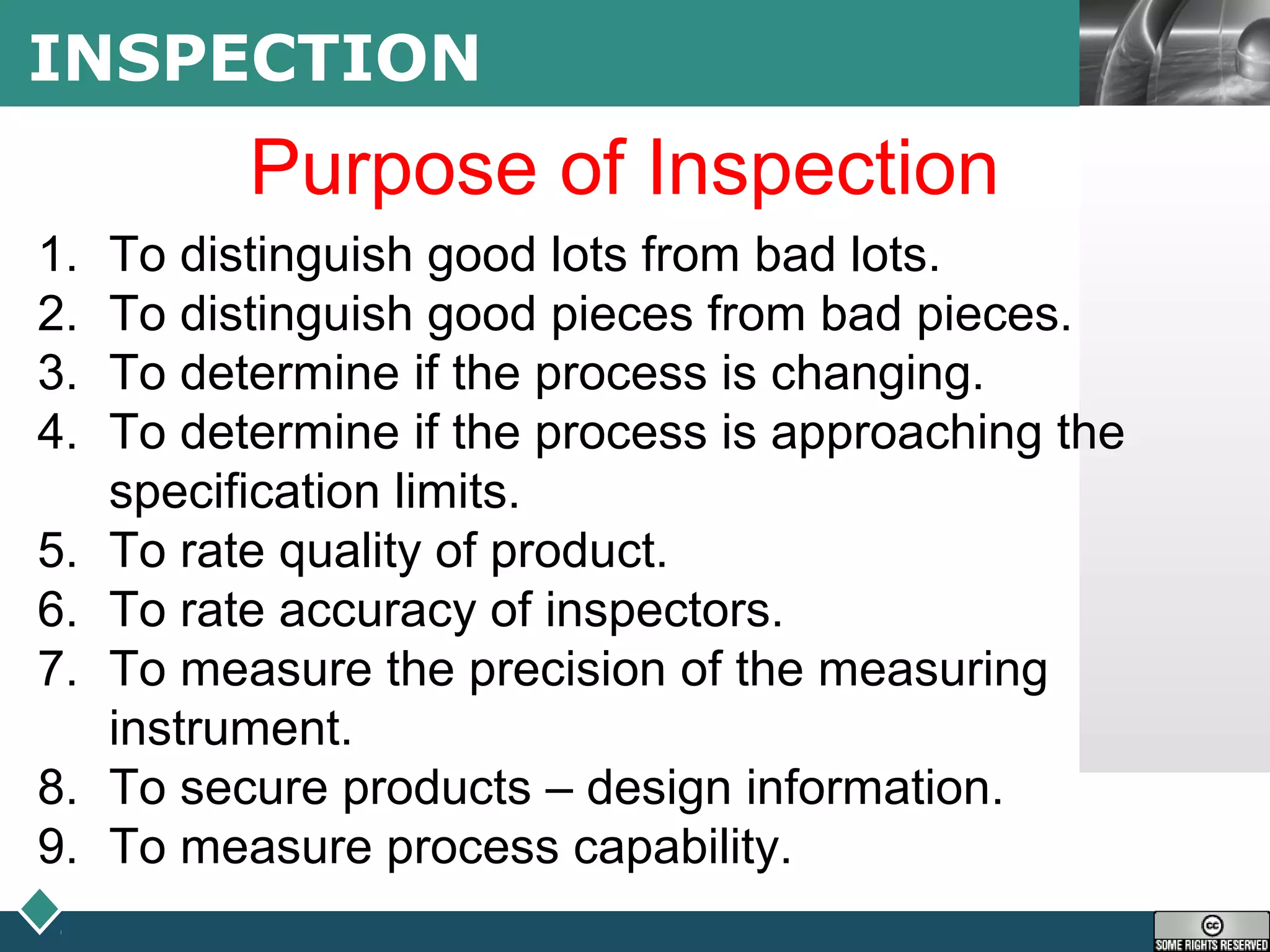 LOGOINSPECTION
Purpose of Inspection
1. To distinguish good lots from bad lots.
2. To distinguish good pieces from bad pieces.
3. To determine if the process is changing.
4. To determine if the process is approaching the
specification limits.
5. To rate quality of product.
6. To rate accuracy of inspectors.
7. To measure the precision of the measuring
instrument.
8. To secure products – design information.
9. To measure process capability.
 