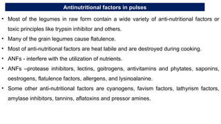 Antinutritional factors in pulses
• Most of the legumes in raw form contain a wide variety of anti-nutritional factors or
toxic principles like trypsin inhibitor and others.
• Many of the grain legumes cause flatulence.
• Most of anti-nutritional factors are heat labile and are destroyed during cooking.
• ANFs - interfere with the utilization of nutrients.
• ANFs –protease inhibitors, lectins, goitrogens, antivitamins and phytates, saponins,
oestrogens, flatulence factors, allergens, and lysinoalanine.
• Some other anti-nutritional factors are cyanogens, favism factors, lathyrism factors,
amylase inhibitors, tannins, aflatoxins and pressor amines.
 