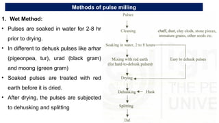 Methods of pulse milling
1. Wet Method:
• Pulses are soaked in water for 2-8 hr
prior to drying.
• In different to dehusk pulses like arhar
(pigeonpea, tur), urad (black gram)
and moong (green gram)
• Soaked pulses are treated with red
earth before it is dried.
• After drying, the pulses are subjected
to dehusking and splitting
 