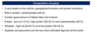Composition of pulses
• It vary based on the cultivar, geographical location and growth conditions.
• Rich in protein, carbohydrates and oil.
• Contain good amount of dietary fiber and mineral.
• Pulses - low oil (1-5 %), high protein (20-30 %) and carbohydrates (50 %)
• Oilseeds - high oil (30-50 %) and low protein (20-30 %)
• Soybean and groundnut are the two most cultivated legumes of the world.
 
