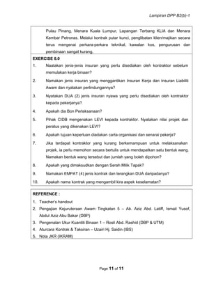Lampiran DPP B2(b)-1
Pulau Pinang, Menara Kuala Lumpur, Lapangan Terbang KLIA dan Menara
Kembar Petronas. Melalui kontrak putar kunci, penglibatan klien/majikan secara
terus mengenai perkara-perkara teknikal, kawalan kos, pengurusan dan
pembinaan sangat kurang,
EXERCISE 8.0
1. Naatakan jenis-jenis insuran yang perlu disediakan oleh kontraktor sebelum
memulakan kerja binaan?
2. Namakan jenis insuran yang menggantikan Insuran Kerja dan Insuran Liabiliti
Awam dan nyatakan perlindungannya?
3. Nyatakan DUA (2) jenis insuran nyawa yang perlu disediakan oleh kontraktor
kepada pekerjanya?
4. Apakah dia Bon Perlaksanaan?
5. Pihak CIDB mengenakan LEVI kepada kontraktor. Nyatakan nilai projek dan
peratus yang dikenakan LEVI?
6. Apakah tujuan keperluan diadakan carta organisasi dan senarai pekerja?
7. Jika terdapat kontraktor yang kurang berkemampuan untuk melaksanakan
projek, ia perlu memohon secara bertulis untuk mendapatkan satu bentuk wang.
Namakan bentuk wang tersebut dan jumlah yang boleh dipohon?
8. Apakah yang dimaksudkan dengan Serah Milik Tapak?
9. Namakan EMPAT (4) jenis kontrak dan terangkan DUA daripadanya?
10. Apakah nama kontrak yang mengambil kira aspek keselamatan?
REFERENCE :
1. Teacher’s handout
2. Pengajian Kejuruteraan Awam Tingkatan 5 – Ab. Aziz Abd. Latiff, Ismail Yusof,
Abdul Aziz Abu Bakar (DBP)
3. Pengenalan Ukur Kuantiti Binaan 1 – Rosli Abd. Rashid (DBP & UTM)
4. Aturcara Kontrak & Taksiran – Uzairi Hj. Saidin (IBS)
5. Nota JKR (IKRAM)
Page 11 of 11
 