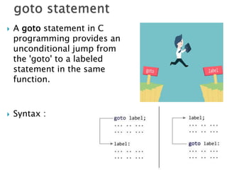  A goto statement in C
programming provides an
unconditional jump from
the 'goto' to a labeled
statement in the same
function.
 Syntax :
 