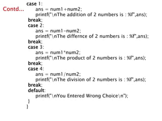 case 1:
ans = num1+num2;
printf("nThe addition of 2 numbers is : %f",ans);
break;
case 2:
ans = num1-num2;
printf("nThe differnce of 2 numbers is : %f",ans);
break;
case 3:
ans = num1*num2;
printf("nThe product of 2 numbers is : %f",ans);
break;
case 4:
ans = num1/num2;
printf("nThe division of 2 numbers is : %f",ans);
break;
default:
printf("nYou Entered Wrong Choicen");
}
}
 