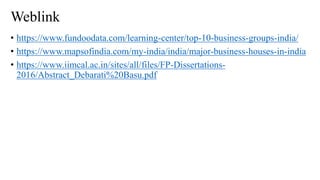Weblink
• https://www.fundoodata.com/learning-center/top-10-business-groups-india/
• https://www.mapsofindia.com/my-india/india/major-business-houses-in-india
• https://www.iimcal.ac.in/sites/all/files/FP-Dissertations-
2016/Abstract_Debarati%20Basu.pdf
 