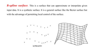 B-spline surface. This is a surface that can approximate or interpolate given
input data. It is a synthetic surface. It is a general surface like the Bezier surface but
with the advantage of permitting local control of the surface.
 