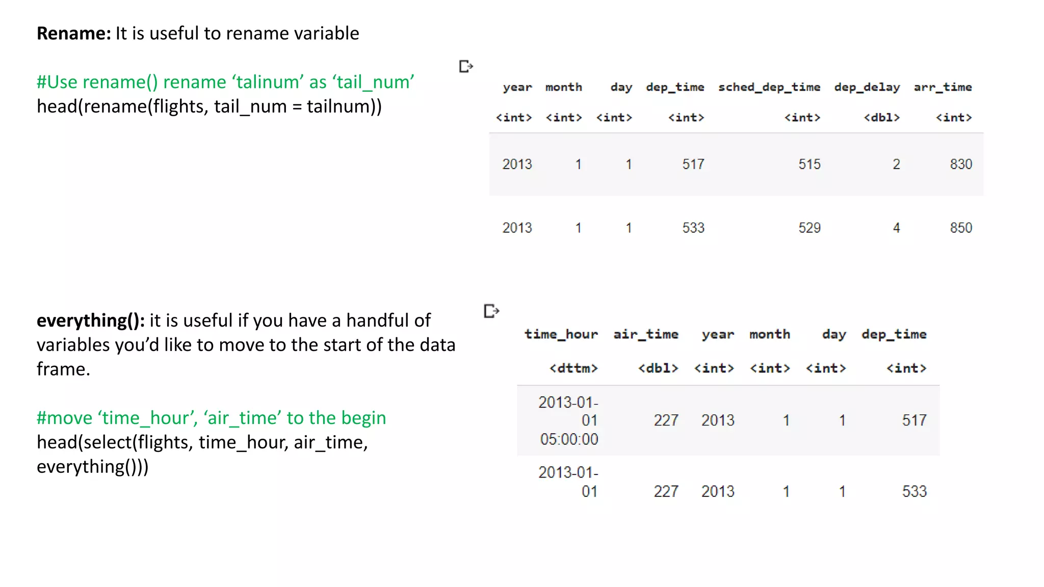Rename: It is useful to rename variable
#Use rename() rename ‘talinum’ as ‘tail_num’
head(rename(flights, tail_num = tailnum))
everything(): it is useful if you have a handful of
variables you’d like to move to the start of the data
frame.
#move ‘time_hour’, ‘air_time’ to the begin
head(select(flights, time_hour, air_time,
everything()))
 