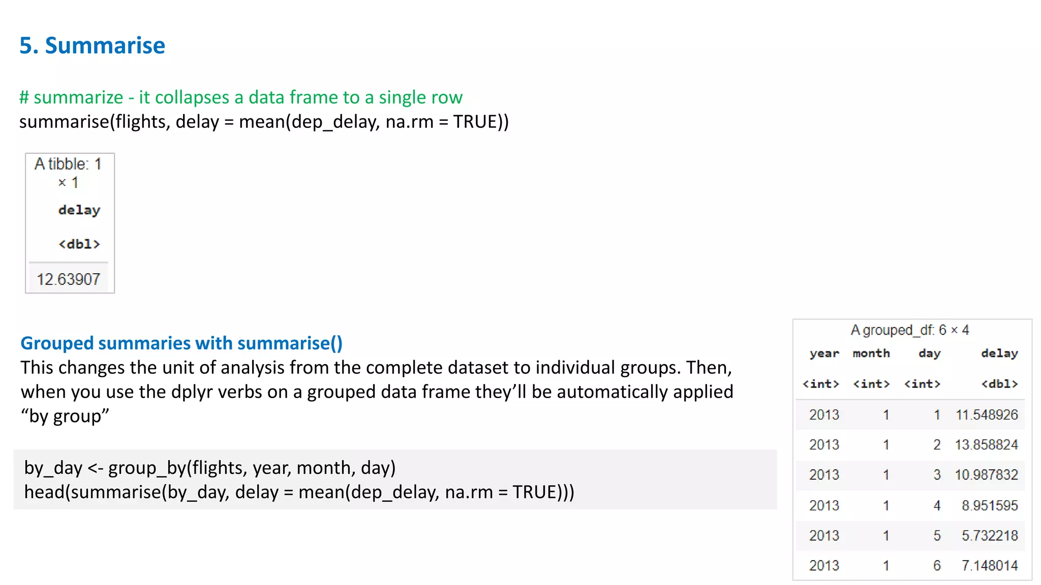 5. Summarise
# summarize - it collapses a data frame to a single row
summarise(flights, delay = mean(dep_delay, na.rm = TRUE))
by_day <- group_by(flights, year, month, day)
head(summarise(by_day, delay = mean(dep_delay, na.rm = TRUE)))
Grouped summaries with summarise()
This changes the unit of analysis from the complete dataset to individual groups. Then,
when you use the dplyr verbs on a grouped data frame they’ll be automatically applied
“by group”
 