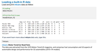 Loading a built-in R data
Load and print mtcars data as follow:
# Loading
data(mtcars)
# Print the first 6 rows
head(mtcars, 6)
If you want learn more about mtcars data sets, type this:
?mtcars
mtcars: Motor Trend Car Road Tests
The data was extracted from the 1974 Motor Trend US magazine, and comprises fuel consumption and 10 aspects of
automobile design and performance for 32 automobiles (1973–74 models)
 