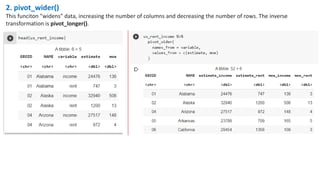 2. pivot_wider()
This funciton "widens" data, increasing the number of columns and decreasing the number of rows. The inverse
transformation is pivot_longer().
 