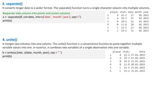 3. separate()
It converts longer data to a wider format. The separate() function turns a single character column into multiple columns.
#separate stats column into points and assists columns
a <- separate(df, col=date, into=c('date', 'month','year'), sep='/')
print(a)
4. unite()
It merges two columns into one column. The unite() function is a convenience function to paste together multiple
variable values into one. In essence, it combines two variables of a single observation into one variable.
b <-unite(a,Date, c(date, month, year), sep = ".")
print(b)
 