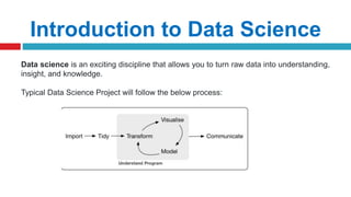 Introduction to Data Science
Data science is an exciting discipline that allows you to turn raw data into understanding,
insight, and knowledge.
Typical Data Science Project will follow the below process:
 