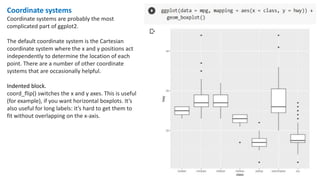 Coordinate systems
Coordinate systems are probably the most
complicated part of ggplot2.
The default coordinate system is the Cartesian
coordinate system where the x and y positions act
independently to determine the location of each
point. There are a number of other coordinate
systems that are occasionally helpful.
Indented block.
coord_flip() switches the x and y axes. This is useful
(for example), if you want horizontal boxplots. It’s
also useful for long labels: it’s hard to get them to
fit without overlapping on the x-axis.
 