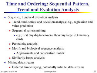 Time and Ordering: Sequential Pattern,
Trend and Evolution Analysis
 Sequence, trend and evolution analysis
 Trend, time-series, and deviation analysis: e.g., regression and
value prediction
 Sequential pattern mining
 e.g., first buy digital camera, then buy large SD memory
cards
 Periodicity analysis
 Motifs and biological sequence analysis
 Approximate and consecutive motifs
 Similarity-based analysis
 Mining data streams
 Ordered, time-varying, potentially infinite, data streams
2/11/2023 6:11:44 PM Dr. Nancy Kumari 20
 