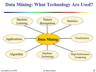 Data Mining: What Technology Are Used?
2/11/2023 6:11:44 PM Dr. Nancy Kumari 23
Data Mining
Machine
Learning
Statistics
Applications
Algorithm
Pattern
Recognition
High-Performance
Computing
Visualization
Database
Technology
 