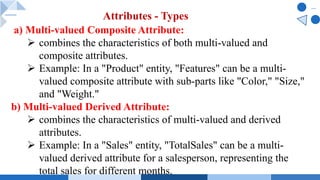a) Multi-valued Composite Attribute:
Ø combines the characteristics of both multi-valued and
composite attributes.
Ø Example: In a "Product" entity, "Features" can be a multi-
valued composite attribute with sub-parts like "Color," "Size,"
and "Weight."
b) Multi-valued Derived Attribute:
Ø combines the characteristics of multi-valued and derived
attributes.
Ø Example: In a "Sales" entity, "TotalSales" can be a multi-
valued derived attribute for a salesperson, representing the
total sales for different months.
Attributes - Types
 
