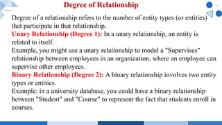 Degree of a relationship refers to the number of entity types (or entities)
that participate in that relationship.
Unary Relationship (Degree 1): In a unary relationship, an entity is
related to itself.
Example, you might use a unary relationship to model a "Supervises"
relationship between employees in an organization, where an employee can
supervise other employees.
Binary Relationship (Degree 2): A binary relationship involves two entity
types or entities.
Example: in a university database, you could have a binary relationship
between "Student" and "Course" to represent the fact that students enroll in
courses.
Degree of Relationship
 