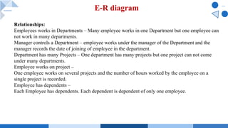 E-R diagram
Relationships:
Employees works in Departments – Many employee works in one Department but one employee can
not work in many departments.
Manager controls a Department – employee works under the manager of the Department and the
manager records the date of joining of employee in the department.
Department has many Projects – One department has many projects but one project can not come
under many departments.
Employee works on project –
One employee works on several projects and the number of hours worked by the employee on a
single project is recorded.
Employee has dependents –
Each Employee has dependents. Each dependent is dependent of only one employee.
 