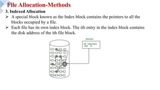 File Allocation-Methods
3. Indexed Allocation
Ø A special block known as the Index block contains the pointers to all the
blocks occupied by a file.
Ø Each file has its own index block. The ith entry in the index block contains
the disk address of the ith file block.
 