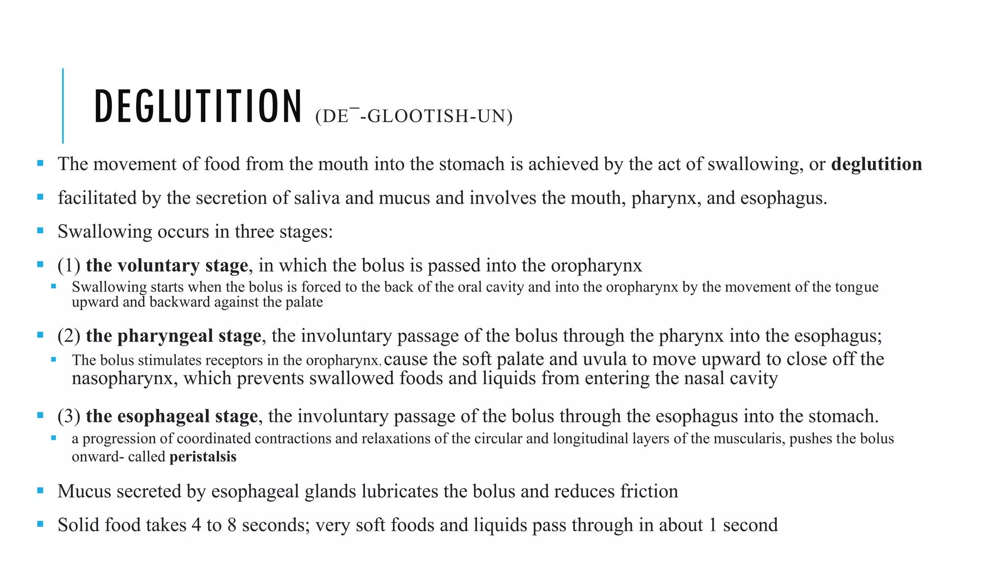 DEGLUTITION (DE¯-GLOOTISH-UN)
▪ The movement of food from the mouth into the stomach is achieved by the act of swallowing, or deglutition
▪ facilitated by the secretion of saliva and mucus and involves the mouth, pharynx, and esophagus.
▪ Swallowing occurs in three stages:
▪ (1) the voluntary stage, in which the bolus is passed into the oropharynx
▪ Swallowing starts when the bolus is forced to the back of the oral cavity and into the oropharynx by the movement of the tongue
upward and backward against the palate
▪ (2) the pharyngeal stage, the involuntary passage of the bolus through the pharynx into the esophagus;
▪ The bolus stimulates receptors in the oropharynx, cause the soft palate and uvula to move upward to close off the
nasopharynx, which prevents swallowed foods and liquids from entering the nasal cavity
▪ (3) the esophageal stage, the involuntary passage of the bolus through the esophagus into the stomach.
▪ a progression of coordinated contractions and relaxations of the circular and longitudinal layers of the muscularis, pushes the bolus
onward- called peristalsis
▪ Mucus secreted by esophageal glands lubricates the bolus and reduces friction
▪ Solid food takes 4 to 8 seconds; very soft foods and liquids pass through in about 1 second
 