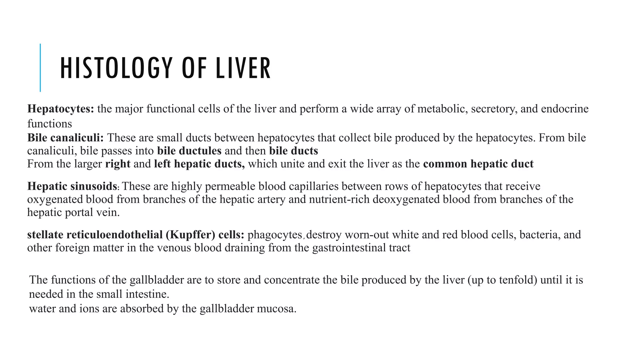 HISTOLOGY OF LIVER
Hepatocytes: the major functional cells of the liver and perform a wide array of metabolic, secretory, and endocrine
functions
Bile canaliculi: These are small ducts between hepatocytes that collect bile produced by the hepatocytes. From bile
canaliculi, bile passes into bile ductules and then bile ducts
From the larger right and left hepatic ducts, which unite and exit the liver as the common hepatic duct
Hepatic sinusoids: These are highly permeable blood capillaries between rows of hepatocytes that receive
oxygenated blood from branches of the hepatic artery and nutrient-rich deoxygenated blood from branches of the
hepatic portal vein.
stellate reticuloendothelial (Kupffer) cells: phagocytes, destroy worn-out white and red blood cells, bacteria, and
other foreign matter in the venous blood draining from the gastrointestinal tract
The functions of the gallbladder are to store and concentrate the bile produced by the liver (up to tenfold) until it is
needed in the small intestine.
water and ions are absorbed by the gallbladder mucosa.
 