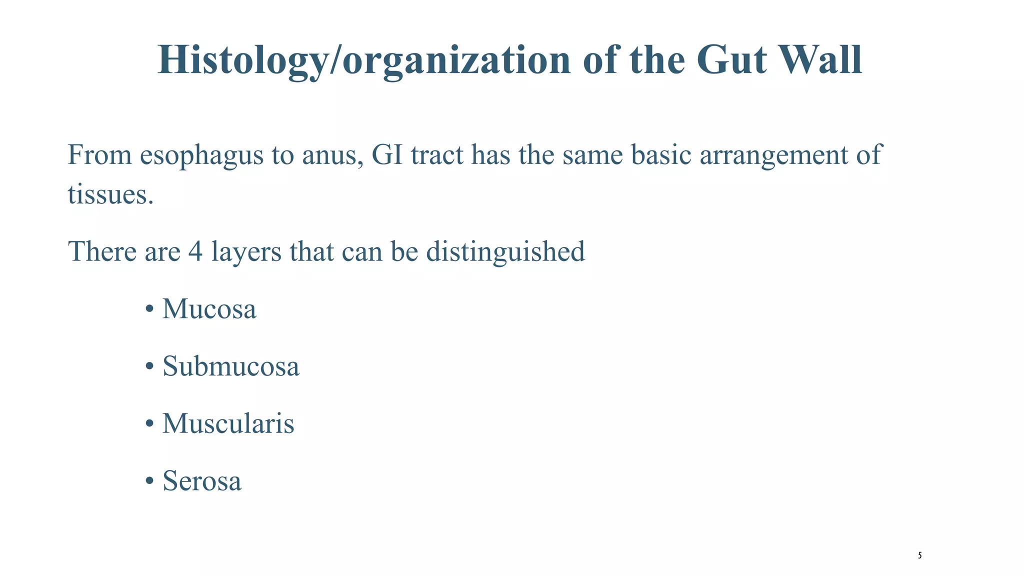 5
Histology/organization of the Gut Wall
From esophagus to anus, GI tract has the same basic arrangement of
tissues.
There are 4 layers that can be distinguished
• Mucosa
• Submucosa
• Muscularis
• Serosa
 