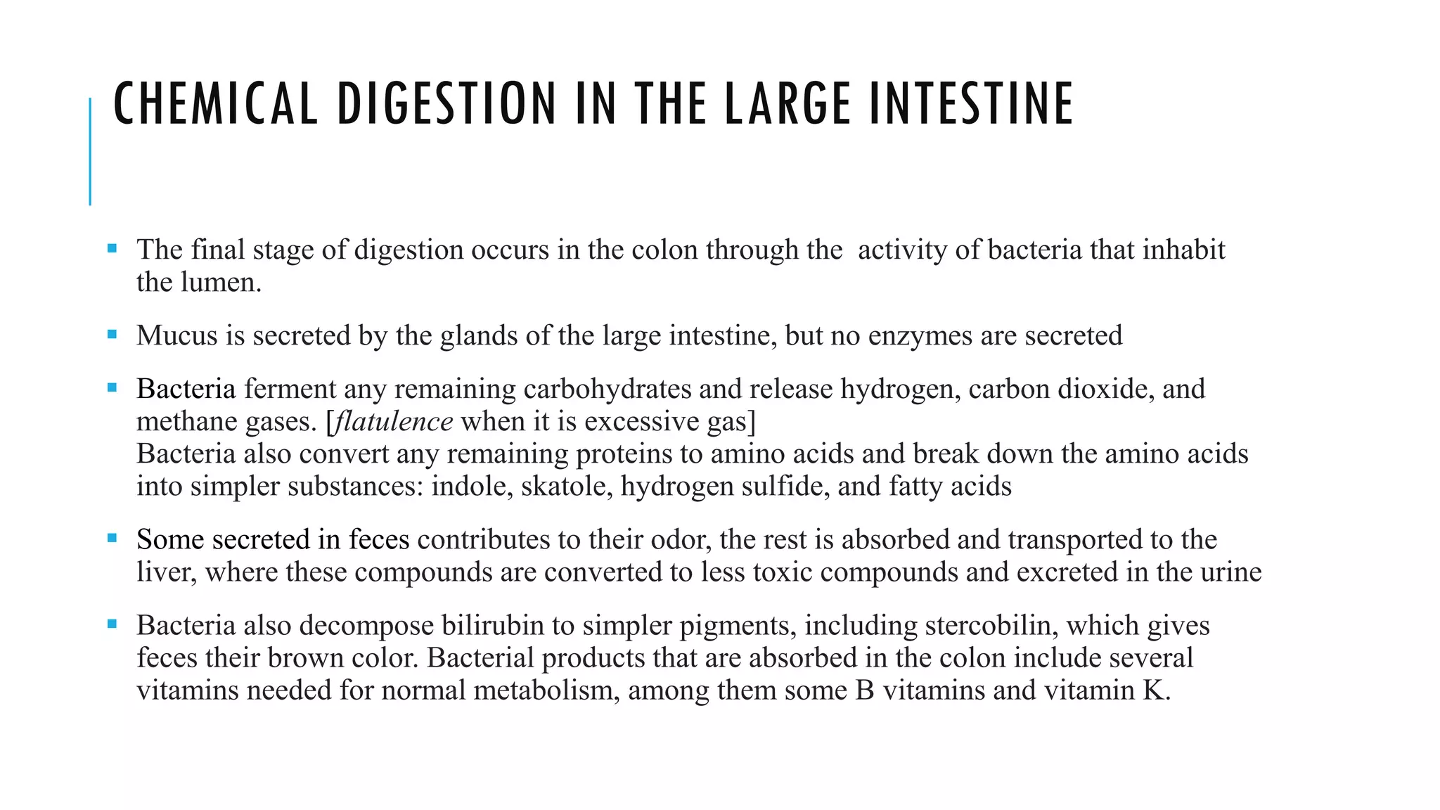 CHEMICAL DIGESTION IN THE LARGE INTESTINE
▪ The final stage of digestion occurs in the colon through the activity of bacteria that inhabit
the lumen.
▪ Mucus is secreted by the glands of the large intestine, but no enzymes are secreted
▪ Bacteria ferment any remaining carbohydrates and release hydrogen, carbon dioxide, and
methane gases. [flatulence when it is excessive gas]
Bacteria also convert any remaining proteins to amino acids and break down the amino acids
into simpler substances: indole, skatole, hydrogen sulfide, and fatty acids
▪ Some secreted in feces contributes to their odor, the rest is absorbed and transported to the
liver, where these compounds are converted to less toxic compounds and excreted in the urine
▪ Bacteria also decompose bilirubin to simpler pigments, including stercobilin, which gives
feces their brown color. Bacterial products that are absorbed in the colon include several
vitamins needed for normal metabolism, among them some B vitamins and vitamin K.
 