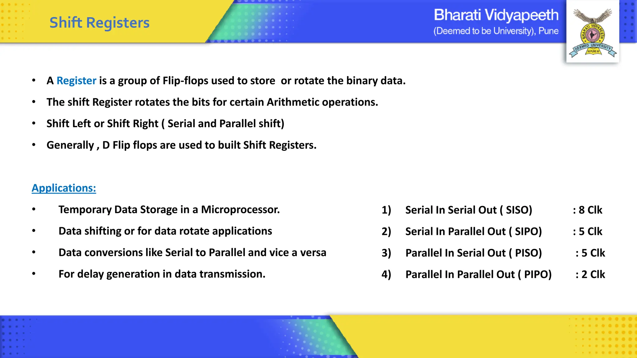Shift Registers
1) Serial In Serial Out ( SISO) : 8 Clk
2) Serial In Parallel Out ( SIPO) : 5 Clk
3) Parallel In Serial Out ( PISO) : 5 Clk
4) Parallel In Parallel Out ( PIPO) : 2 Clk
• A Register is a group of Flip-flops used to store or rotate the binary data.
• The shift Register rotates the bits for certain Arithmetic operations.
• Shift Left or Shift Right ( Serial and Parallel shift)
• Generally , D Flip flops are used to built Shift Registers.
Applications:
• Temporary Data Storage in a Microprocessor.
• Data shifting or for data rotate applications
• Data conversions like Serial to Parallel and vice a versa
• For delay generation in data transmission.
 