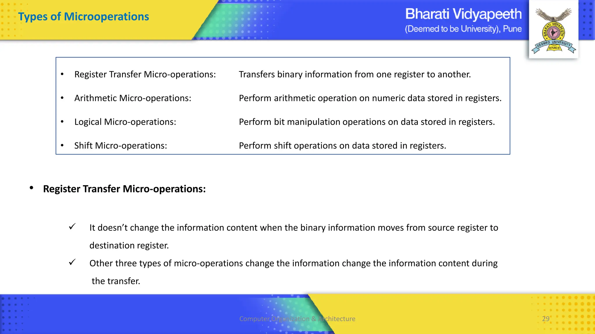 Computer Organization & Architecture 29
Types of Microoperations
• Register Transfer Micro-operations:
✓ It doesn’t change the information content when the binary information moves from source register to
destination register.
✓ Other three types of micro-operations change the information change the information content during
the transfer.
• Register Transfer Micro-operations: Transfers binary information from one register to another.
• Arithmetic Micro-operations: Perform arithmetic operation on numeric data stored in registers.
• Logical Micro-operations: Perform bit manipulation operations on data stored in registers.
• Shift Micro-operations: Perform shift operations on data stored in registers.
 
